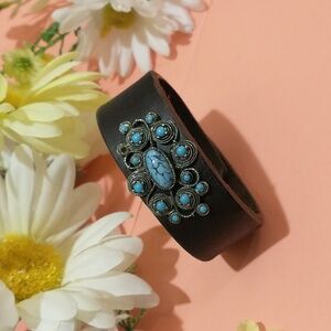 Made Leather and Turquoise Bracelet